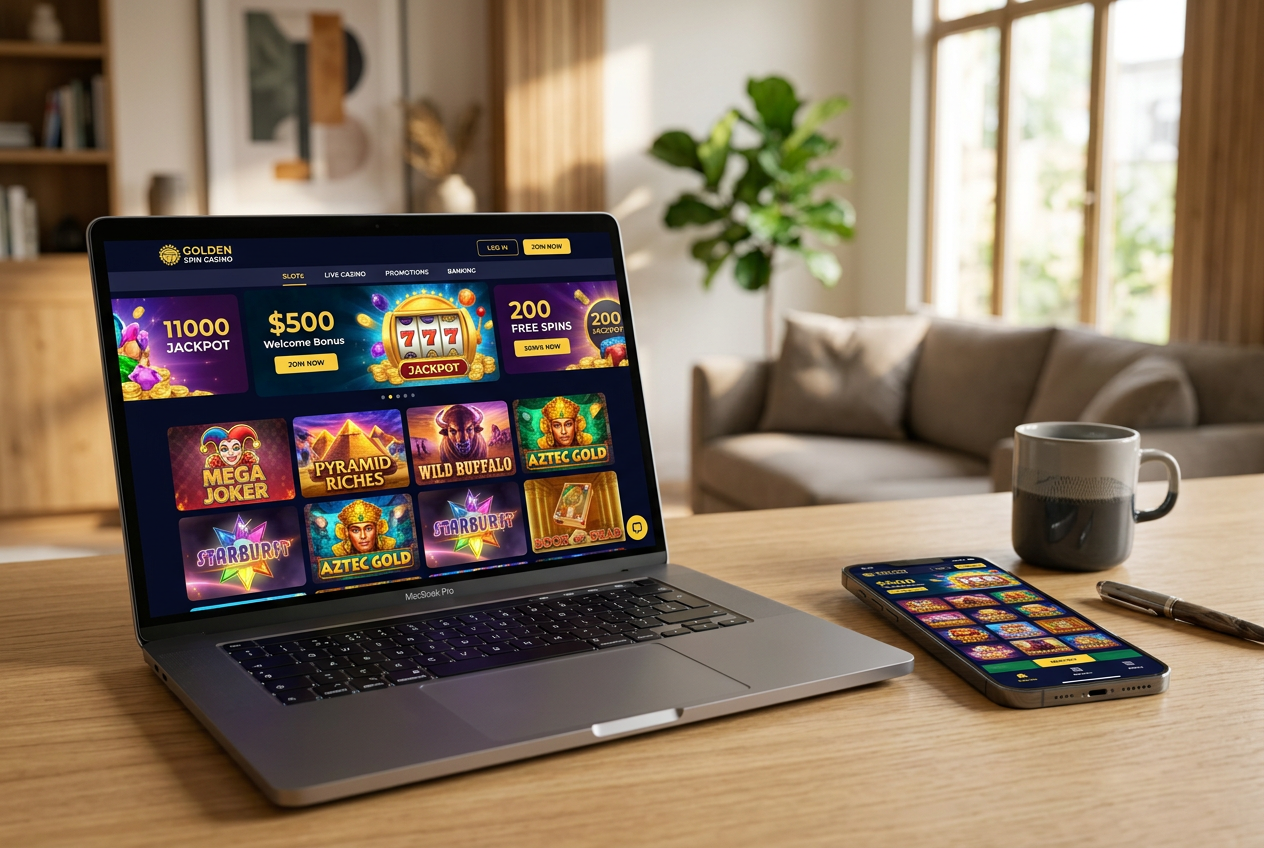 A modern digital casino interface displayed on a laptop and smartphone.
