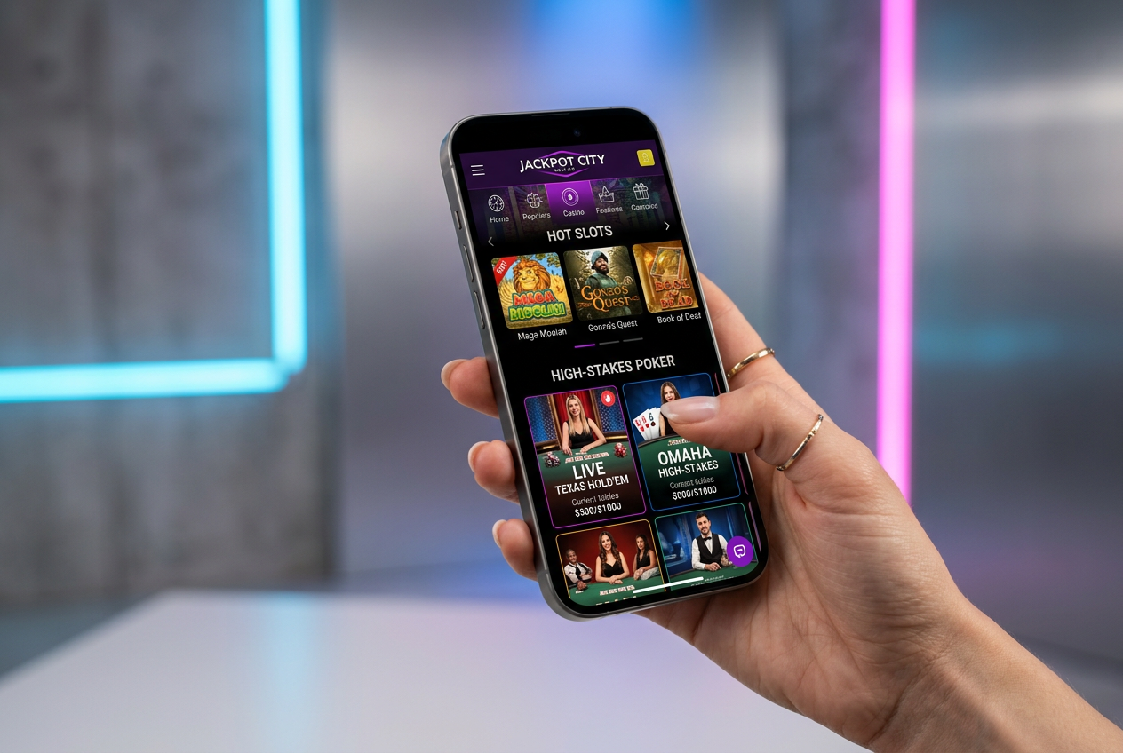 Modern smartphone displaying a casino app with slots and bonuses.