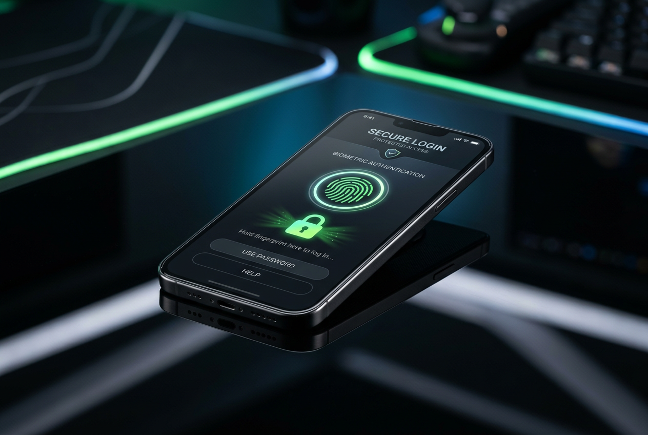 Smartphone featuring security icons like a padlock and shield for safe gaming.
