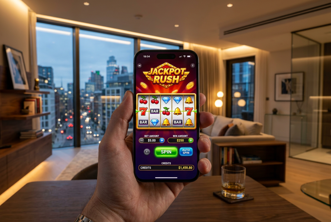 Smartphone displaying an online casino game in a luxury setting.