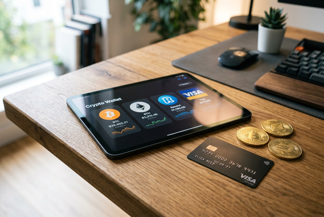 A collection of digital payment icons like Bitcoin, Ethereum, and credit cards displayed on a tablet.