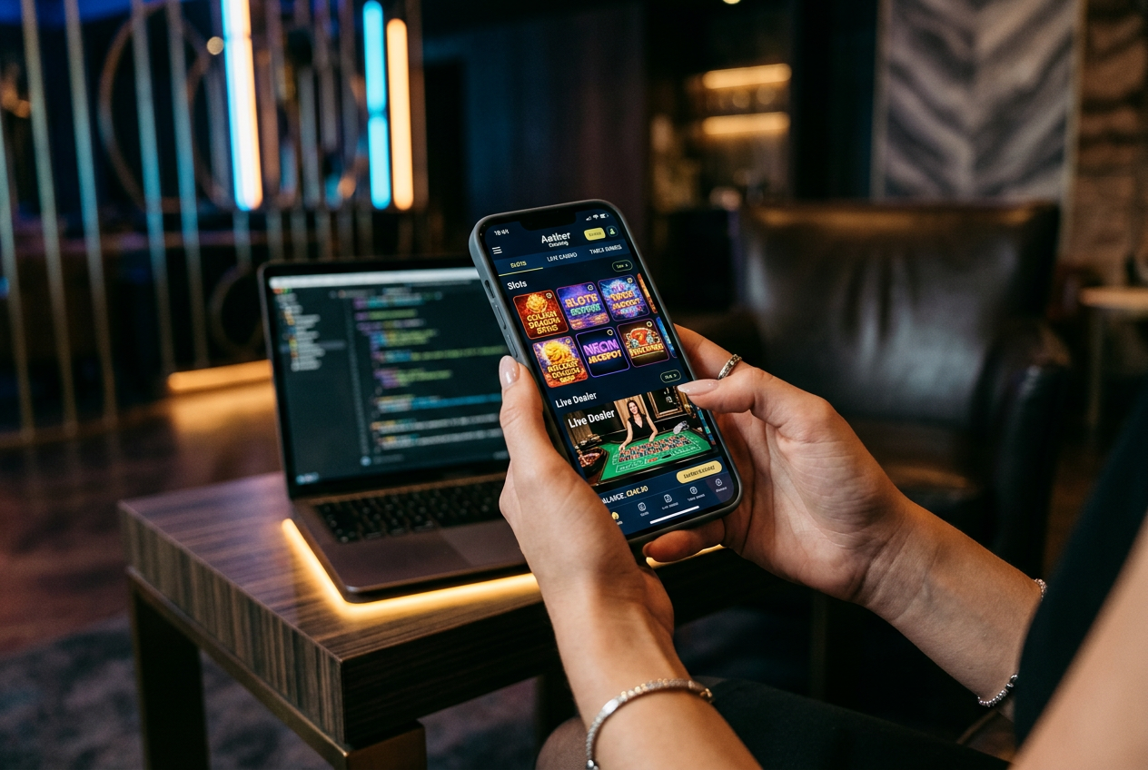 A person holding a smartphone showing a high-end online casino interface with vibrant slot games.